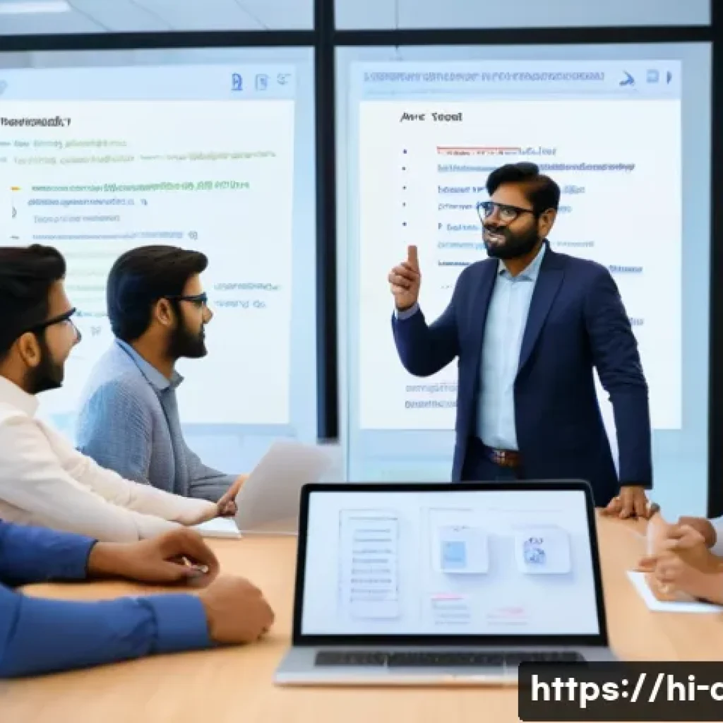 API 문서 작성 베스트 프랙티스 - A professional Indian software development team in a modern office environment, collaborating around...