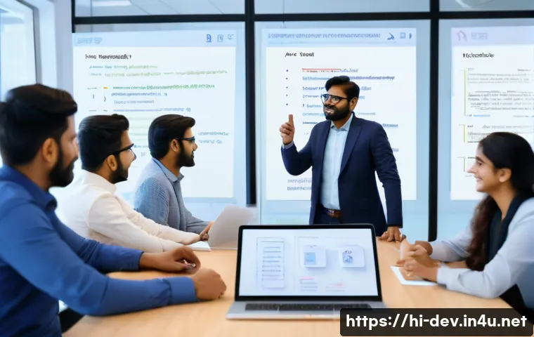 API 문서 작성 베스트 프랙티스 - A professional Indian software development team in a modern office environment, collaborating around...