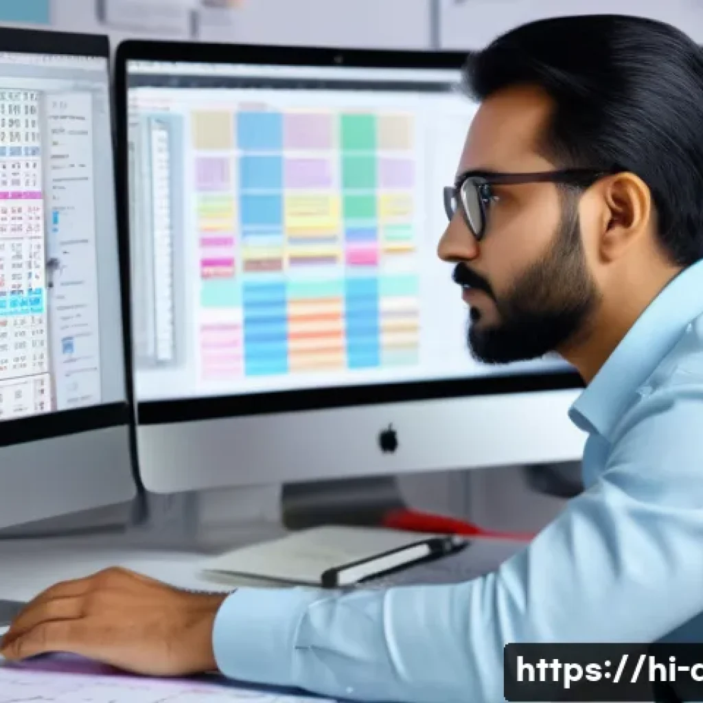 CSS 그리드와 Flexbox 비교 - A modern web designer working at a sleek desk, surrounded by multiple screens displaying complex CSS...
