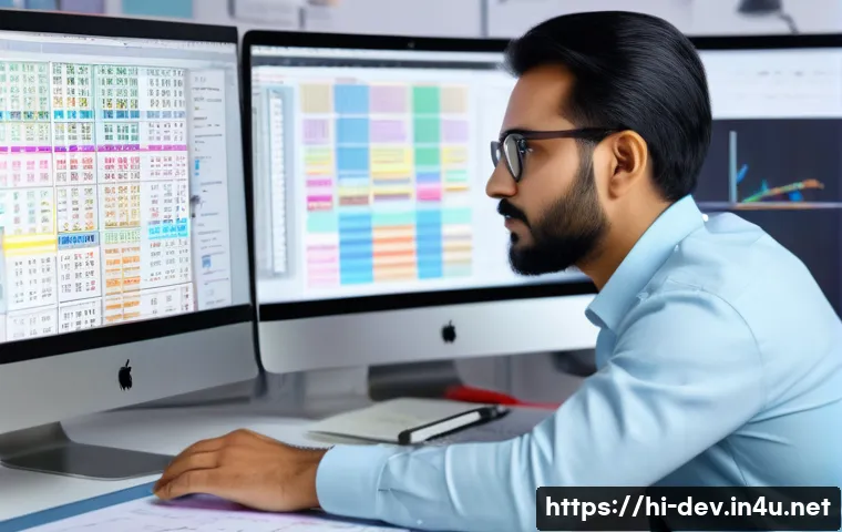 CSS 그리드와 Flexbox 비교 - A modern web designer working at a sleek desk, surrounded by multiple screens displaying complex CSS...