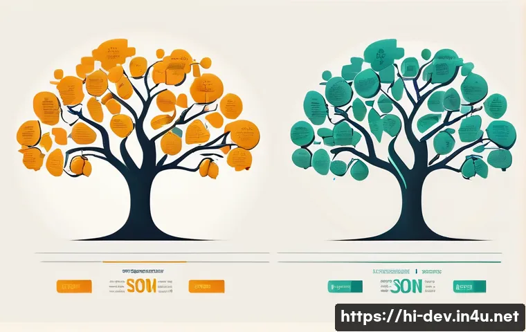 JSON과 XML의 차이 - A detailed infographic-style digital illustration showing a side-by-side comparison of JSON and XML ...