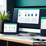 Home 21 웹사이트 반응형 디자인 구현 가이드 - A detailed digital illustration of a modern responsive web design workspace showing a developer’s de...