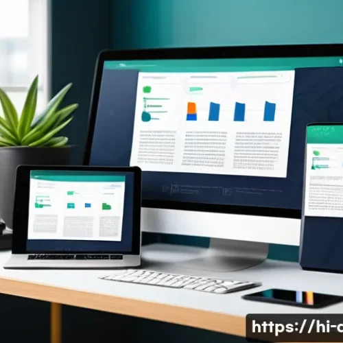 Home 33 웹사이트 반응형 디자인 구현 가이드 - A detailed digital illustration of a modern responsive web design workspace showing a developer’s de...