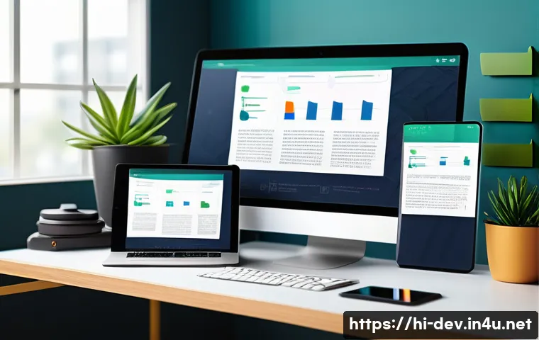 웹사이트 반응형 디자인 구현 가이드 - A detailed digital illustration of a modern responsive web design workspace showing a developer’s de...