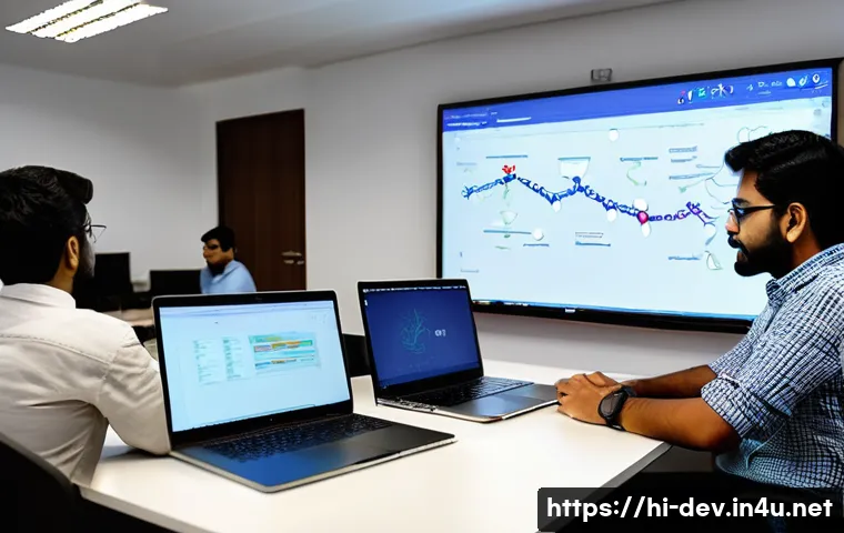 Git 협업을 위한 브랜치 전략 - An Indian software development team collaborating in an office environment, multiple developers of d...