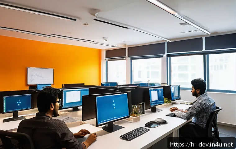 API 호출에서 에러 처리 방법 - A modern office workspace with a diverse team of Indian software developers collaborating on API err...