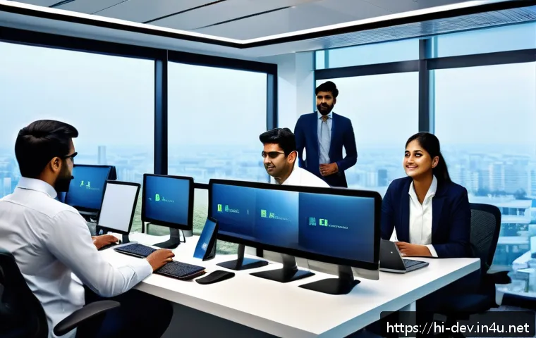 클라우드 기반 데이터베이스의 장점 - A modern Indian office environment with a diverse team of professionals working collaboratively usin...