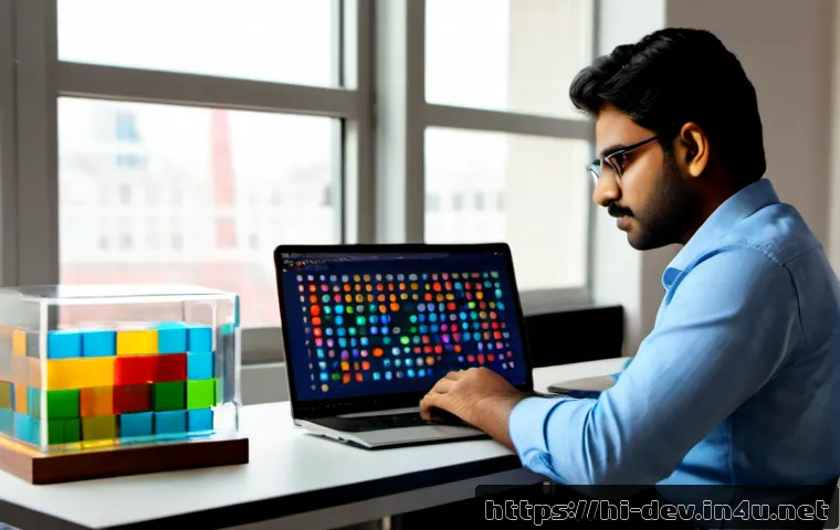 프로그래밍에서 메모리 관리를 이해하는 방법 - Photorealistic Indian software developer at a clean modern desk, thoughtfully organizing a set of tr...